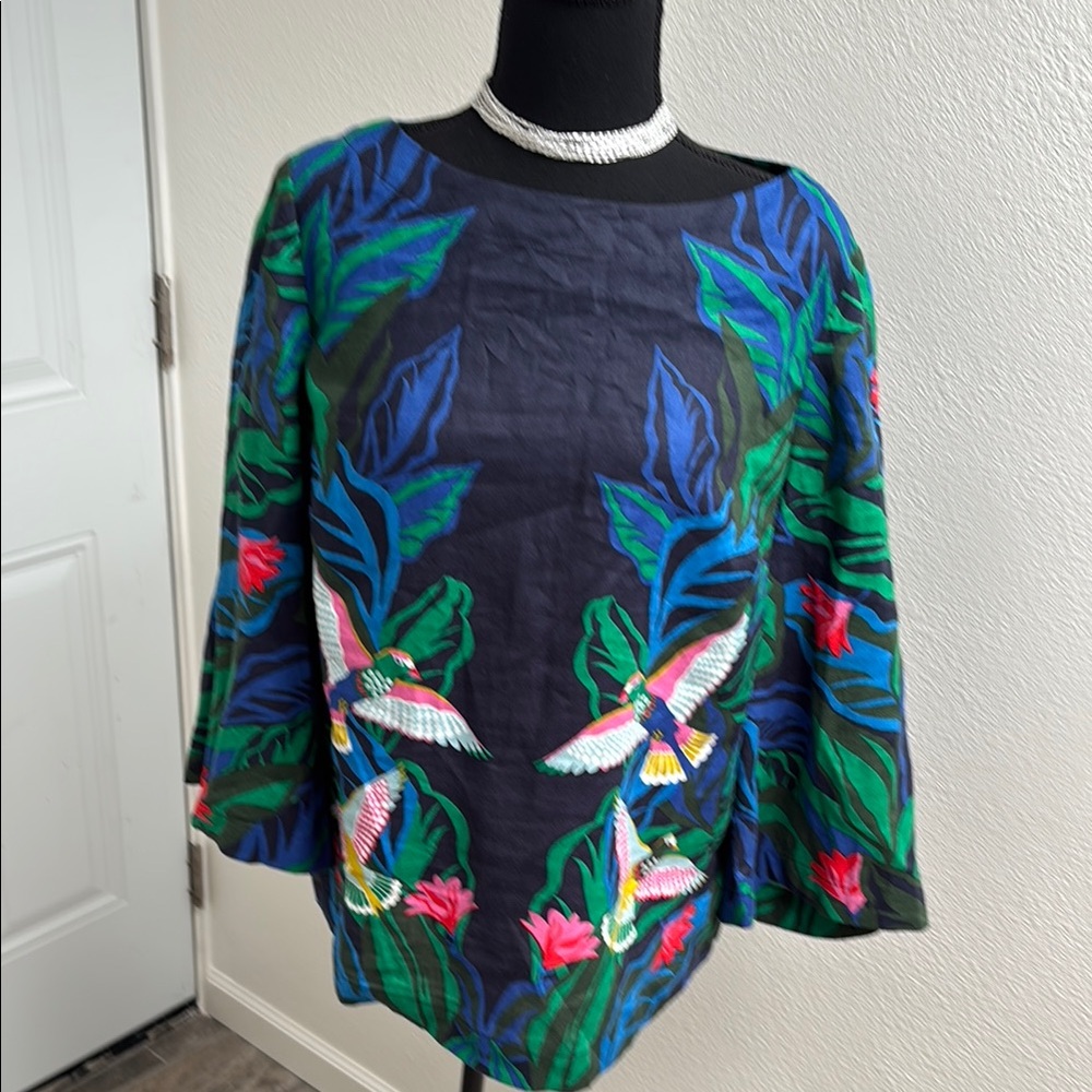 Boden Black Top with Colorful Bird and Leaf Print